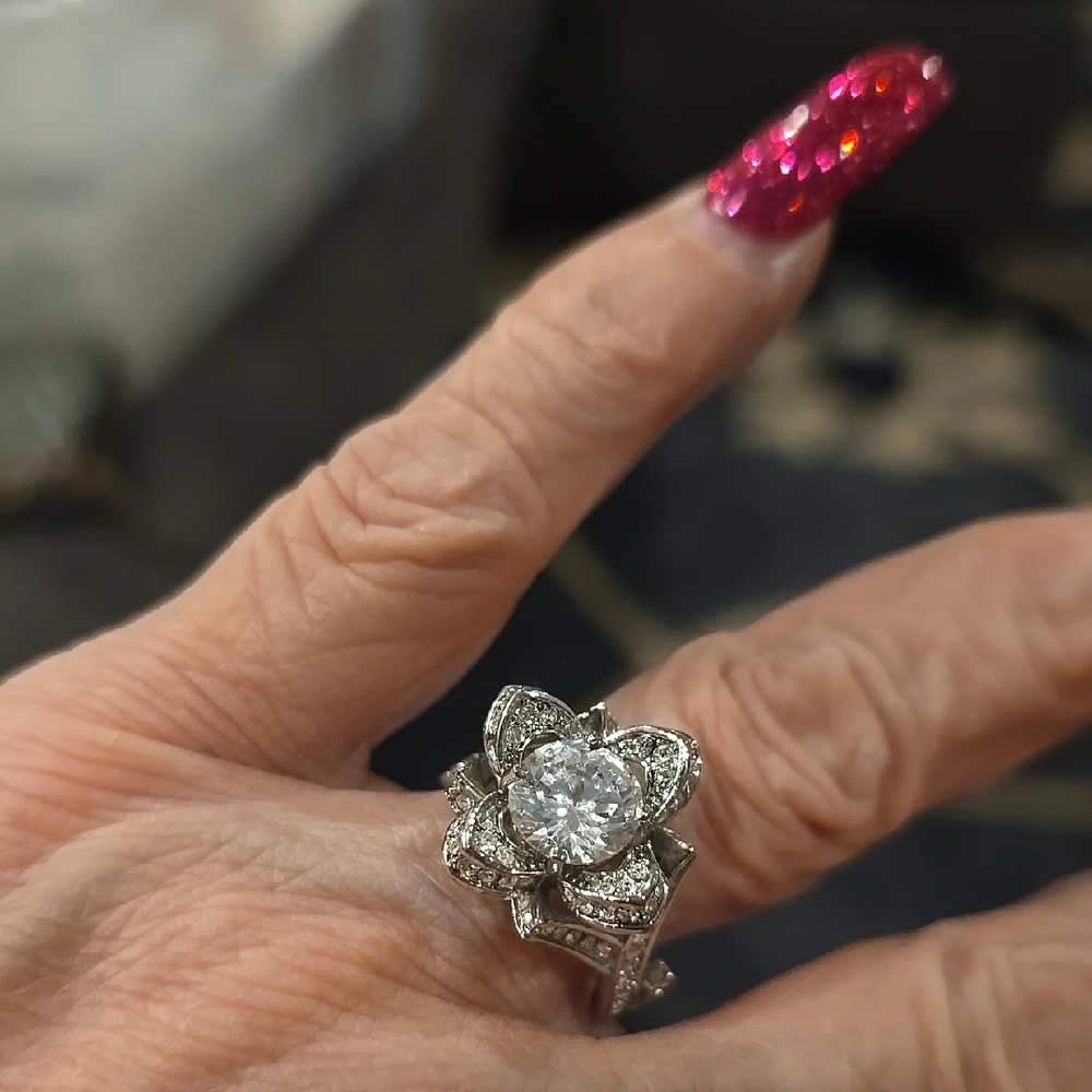 Silver Tone Floral Halo Diamonique Ring - White